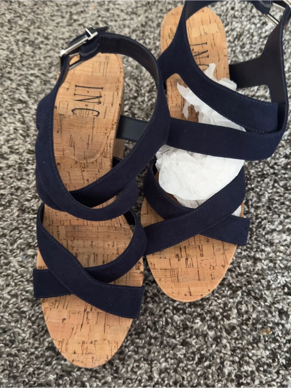 INC International Concepts Navy Strappy Cork Wedge Sandals